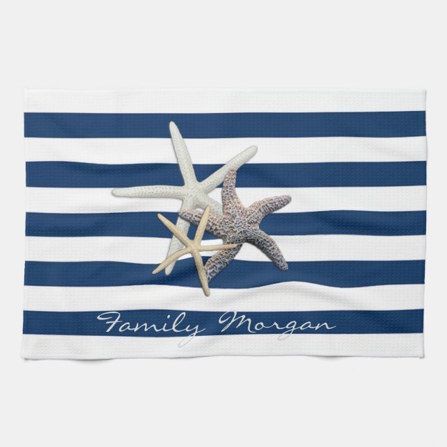 Adorable Starfish, Navy Blue Stripes Personalisier Geschirrtuch (Horizontal)