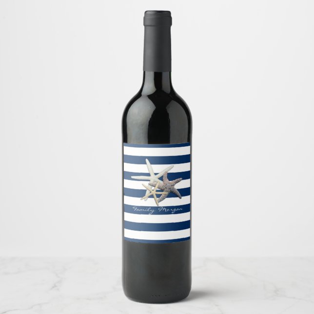 Adorable Starfish, Navy Blue Stripes Personalisier Weinetikett (Vorderseite)