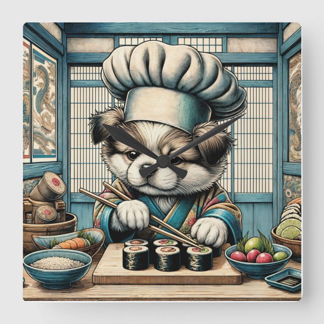 Adorable Sushi Koch Puppy Quadratische Wanduhr (Vorderseite)