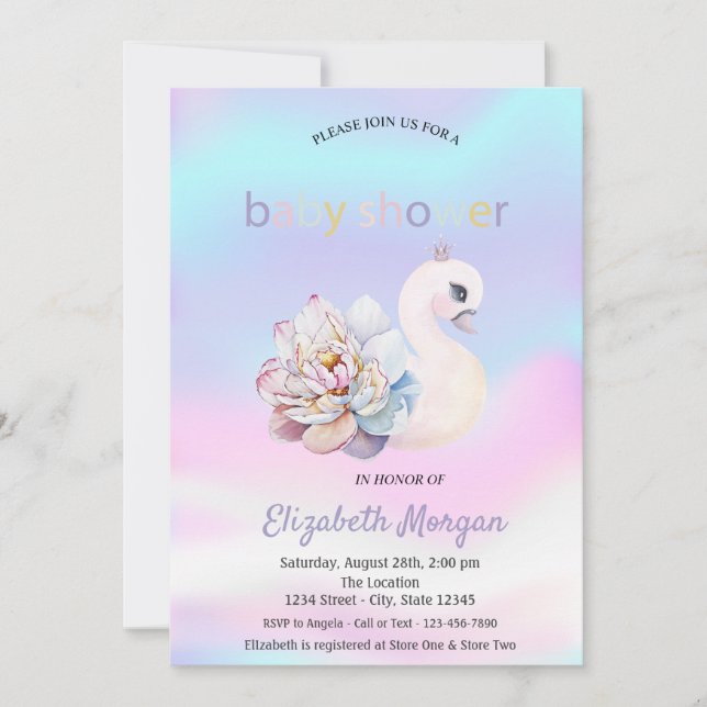 Adorable Swan Blume Holographic Baby Dusche Einladung (Vorderseite)