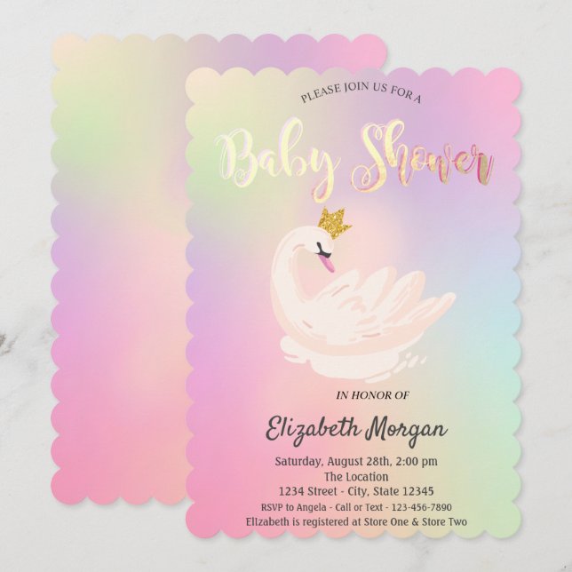 Adorable Swan Crown Holographic Baby Show Einladung (Vorne/Hinten)