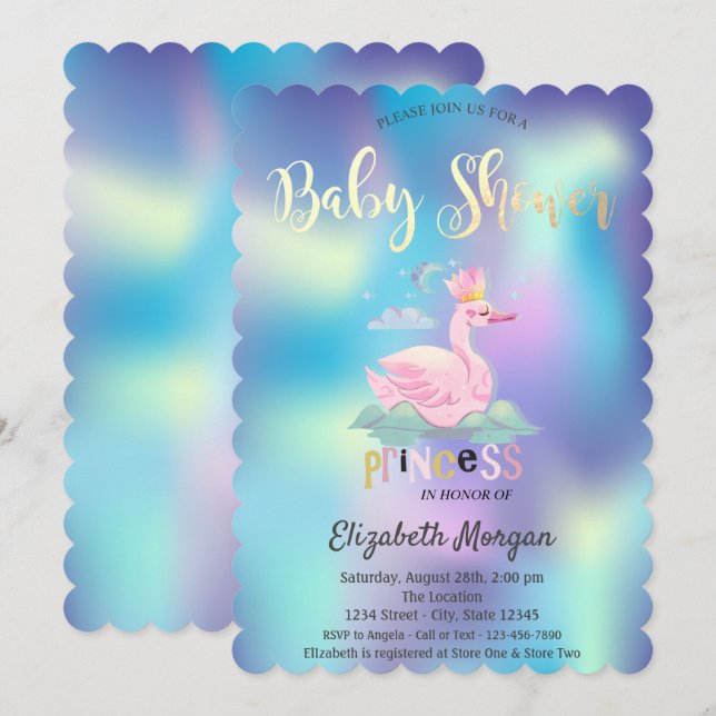 Adorable Swan Crown Holographic Baby Show Einladung (Vorne/Hinten)
