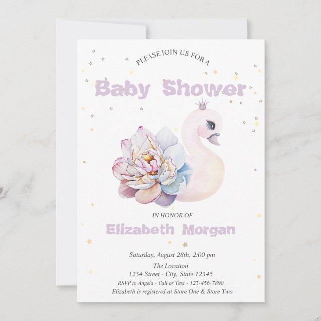 Adorable Swan Stars Blume Babydusche Einladung (Vorderseite)