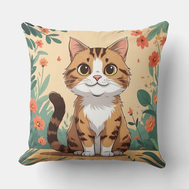 Adorable Tabby Cat in Blossom Garden Throw Pillow Kissen (Vorderseite)