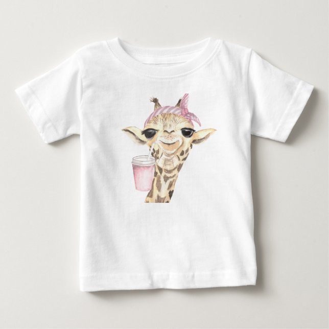 ADORABLE TAN GIRAFFE PINK HAT UND CUP BABY T-SHIRT (Vorderseite)