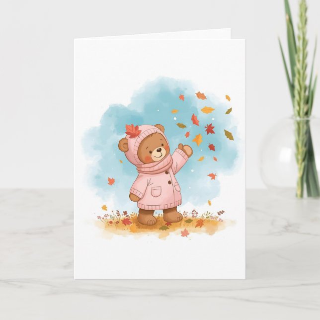 Adorable Teddy Bär Girl Fangen Herbstleaves Karte (Vorderseite)