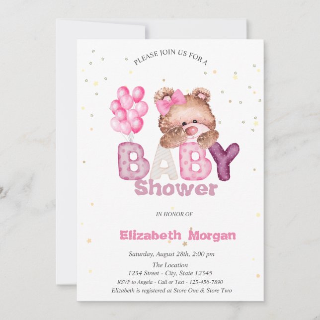 Adorable Teddy Bären Stars Balloons Babydusche Einladung (Vorderseite)