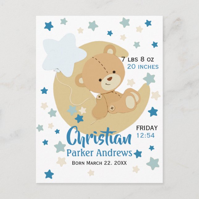 Adorable Teddy Bear Baby Boy Birth Stats Ankündigungspostkarte (Vorderseite)