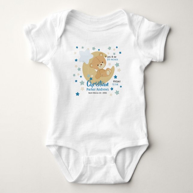 Adorable Teddy Bear Baby Boy Birth Stats Baby Strampler (Vorderseite)