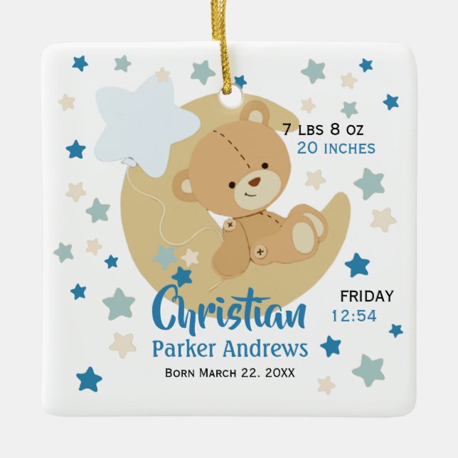 Adorable Teddy Bear Baby Boy Birth Stats Keramikornament (Vorderseite)