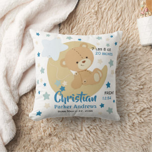 Adorable Teddy Bear Baby Boy Birth Stats Kissen