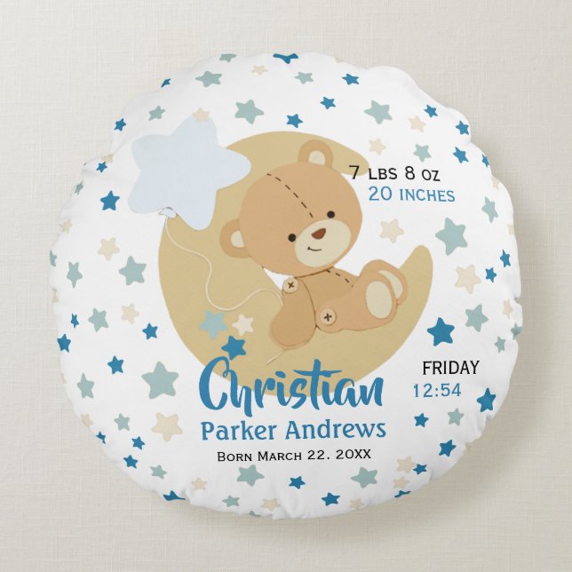 Adorable Teddy Bear Baby Boy Birth Stats Rundes Kissen (Vorderseite)