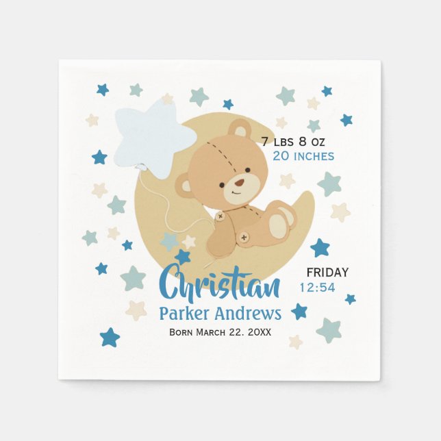 Adorable Teddy Bear Baby Boy Birth Stats Serviette (Vorderseite)