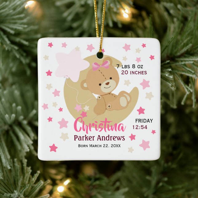 Adorable Teddy Bear Baby Girl Birth Stats Keramikornament (Baum)