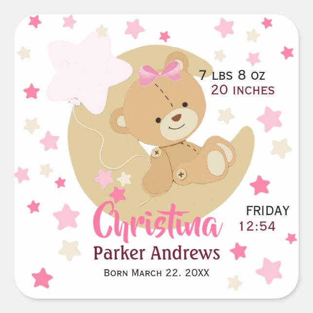 Adorable Teddy Bear Baby Girl Birth Stats Quadratischer Aufkleber (Vorderseite)