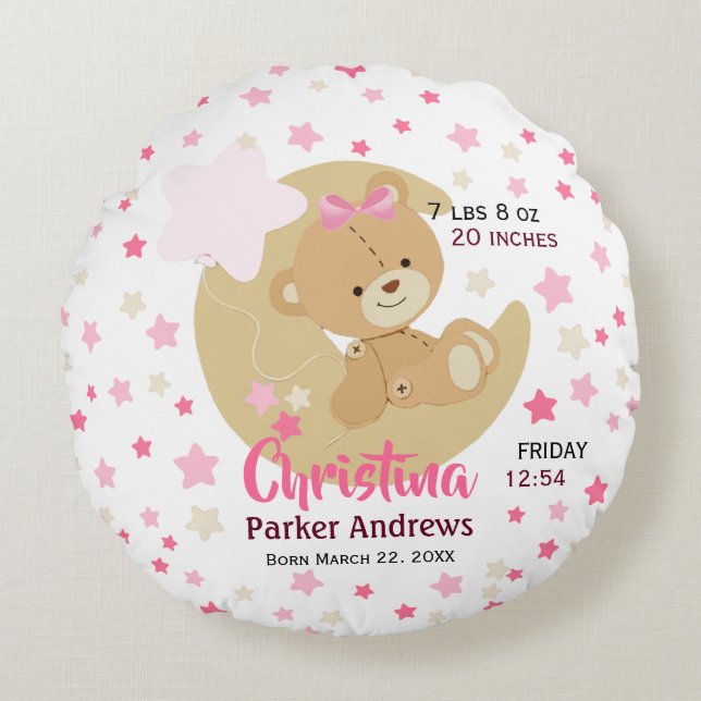 Adorable Teddy Bear Baby Girl Birth Stats Rundes Kissen (Vorderseite)