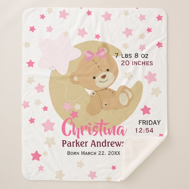 Adorable Teddy Bear Baby Girl Birth Stats Sherpadecke (Vorderseite)