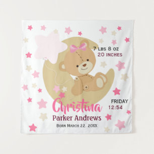 Adorable Teddy Bear Baby Girl Birth Stats Wandteppich