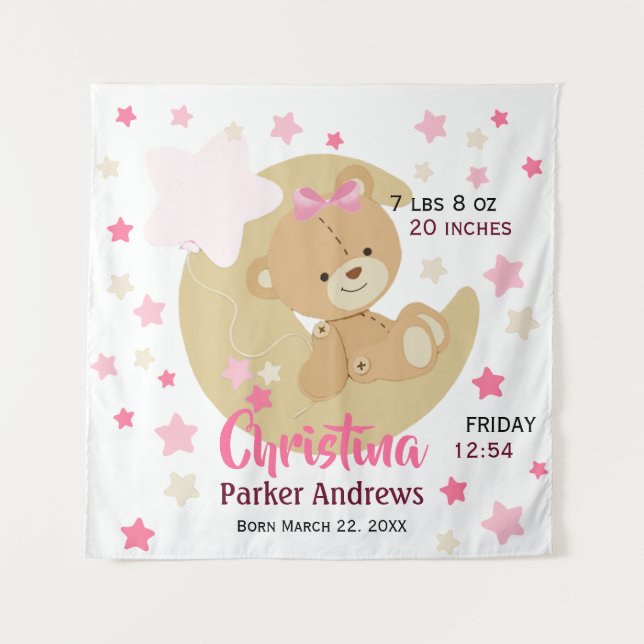 Adorable Teddy Bear Baby Girl Birth Stats Wandteppich (Vorderseite)