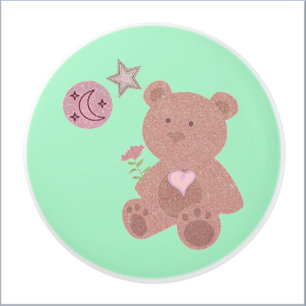 Adorable Teddy Bear Moon & Stars in Green Keramikknauf
