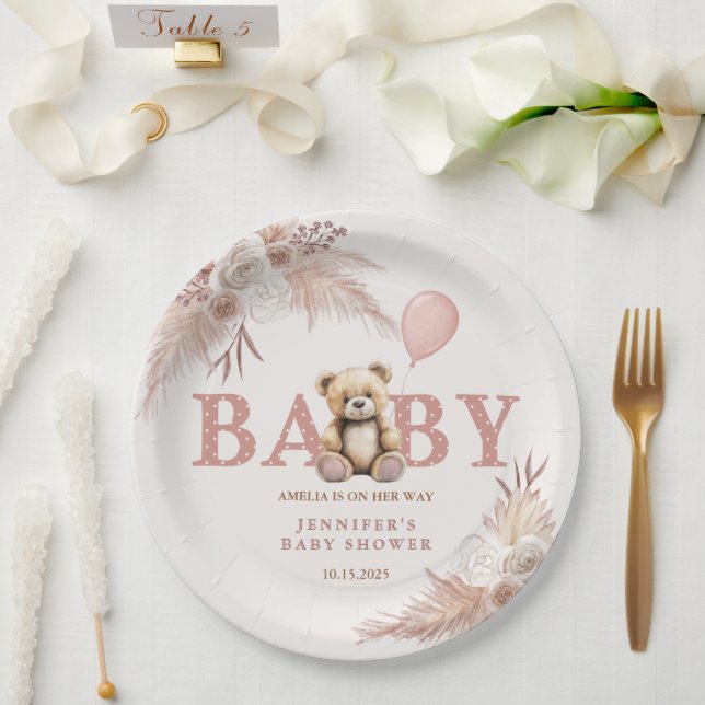 Adorable Teddy Bear Pink Boho Floral Girl Pappteller (Hochzeit)