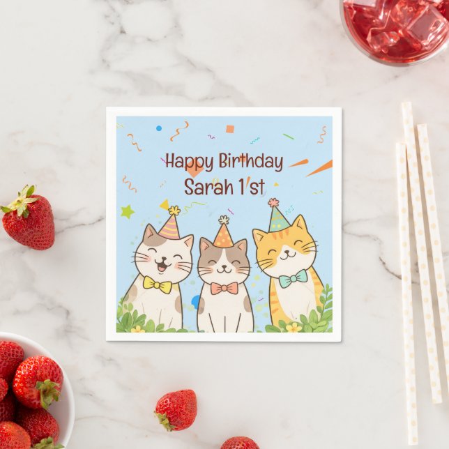 Adorable Trio of Birthday Cats | Custom Name & Age Serviette (Beispiel)