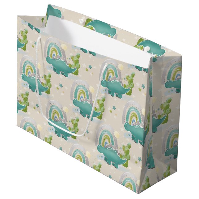 ADORABLE TURQUOISE DINOSAUREN & RAINBOWS GROßE GESCHENKTÜTE (Vorderseite Schrägansicht)