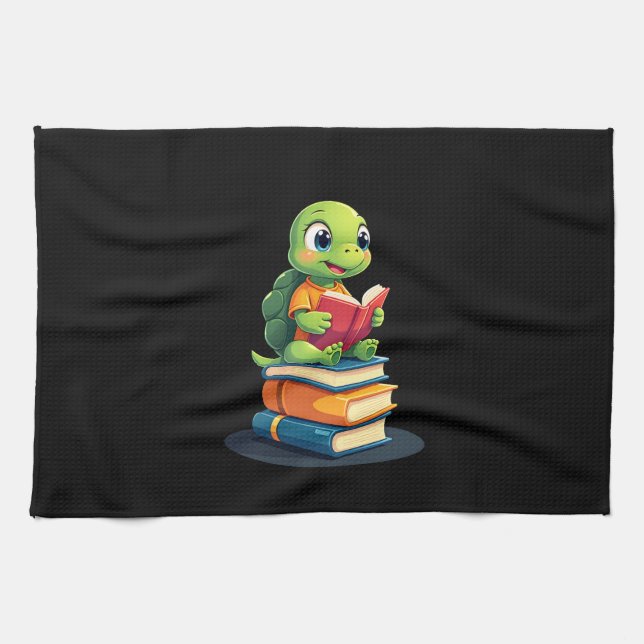 Adorable Turtle Reading Books (1) Geschirrtuch (Horizontal)