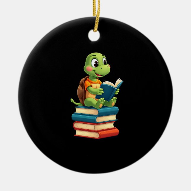 Adorable Turtle Reading Books (4) Keramik Ornament (Vorne)