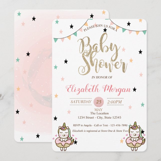 Adorable Unicorne, Stars Baby shower Invitation (Devant / Derrière)