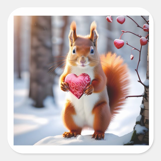 Adorable Valentine - Eichhörnchen mit rotem Herzen Quadratischer Aufkleber (Vorderseite)