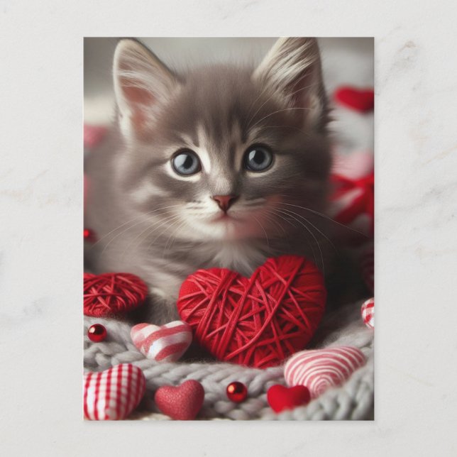 Adorable Valentine Fluffy Gray Kitten mit Herz Postkarte (Vorderseite)