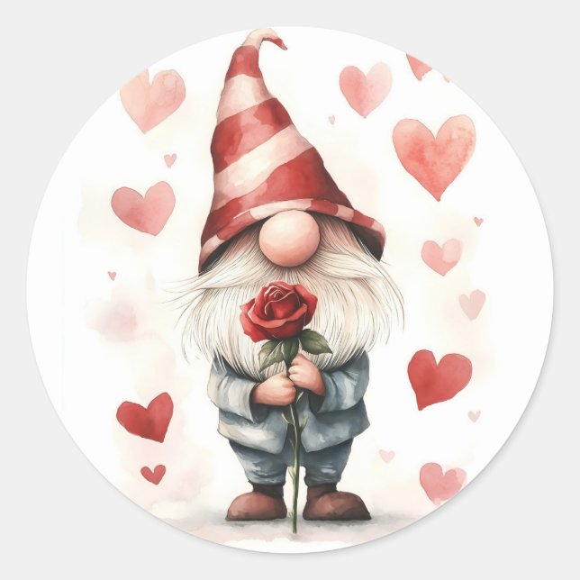 Adorable Valentine's Gnome: mit einer Rose Runder Aufkleber (Vorderseite)