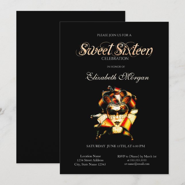 Adorable Venezian Masque Schwarz Sweet 16 Einladun Einladung (Vorne/Hinten)