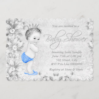 Adorable Vintag Boys Blue and Gray Baby Shower Einladung
