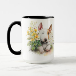 ADORABLE WATERCOLOR BROWN WHITE BULL TERRIER PUPPY TASSE