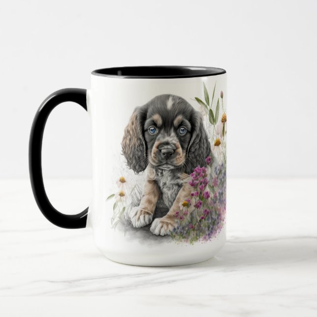 ADORABLE WATERCOLOR COCKER SPANIEL PUPPEL HUND TASSE (Links)