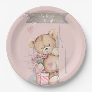 Adorable Watercolor Teddy Bear Baby Dusche Pappteller