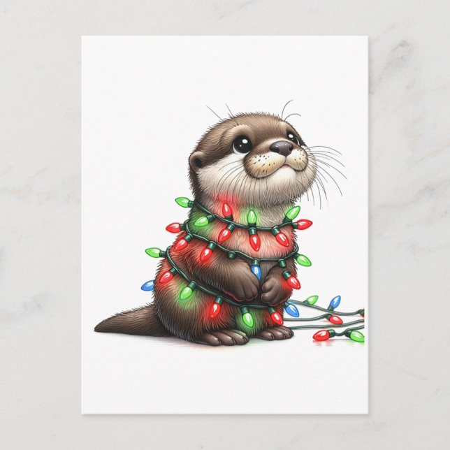 Adorable Weihnachten Otter in Licht gepackt Postkarte (Vorderseite)