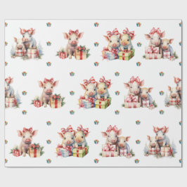 Adorable Weihnachts-Happy Schweine auf Weiß Geschenkpapier