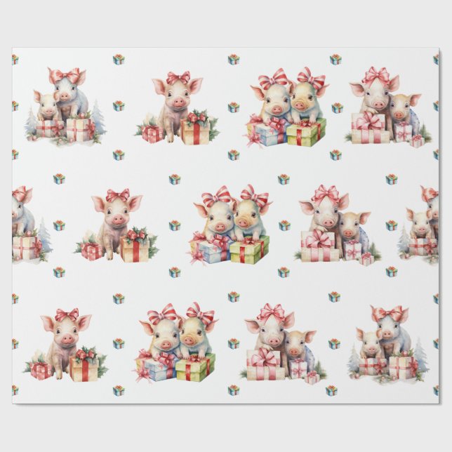 Adorable Weihnachts-Happy Schweine auf Weiß Geschenkpapier (Flach)