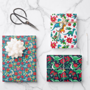 Adorable Weihnachtsdinosaurier und Poinsettias Geschenkpapier Set