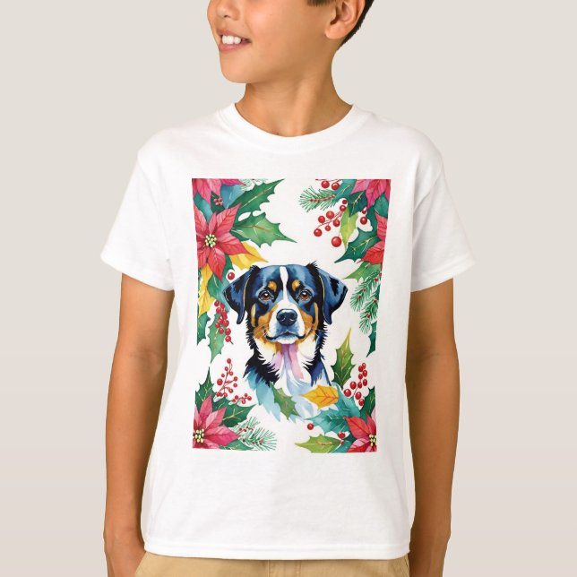 Adorable Weihnachtshund mit Poinsettias T-Shirt (Vorderseite)