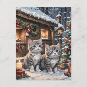 Adorable Weihnachtskätzchen und Weihnachtsbaum Feiertagspostkarte