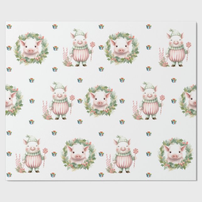 Adorable Weihnachtspastel Schweine auf Weiß Geschenkpapier (Saum)