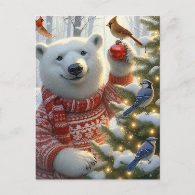 Adorable Weihnachtspolarbär und Vögel Postkarte (Vorderseite)