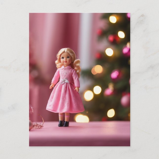 Adorable Weihnachtspuppe in Rosa Postkarte (Vorderseite)