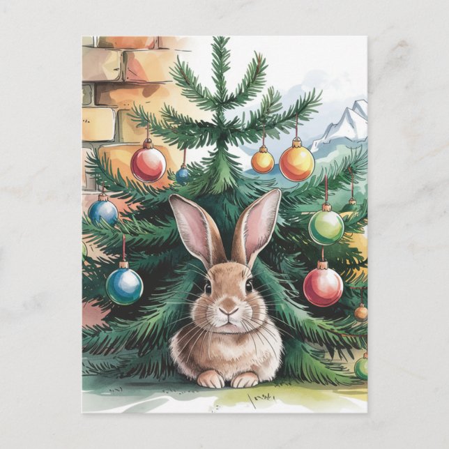 Adorable Weihnachtsrabbit unter dem Baum Postkarte (Vorderseite)