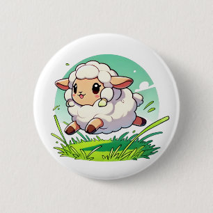 Adorable weiße Schafe springen durch ein Feld Button