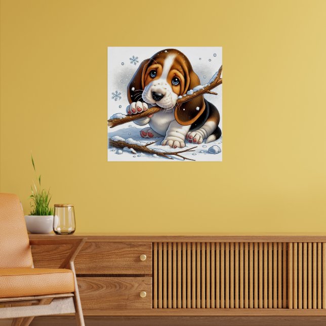 Adorable Welpe, die einen schneesicheren Stick häl Poster (Wohnzimmer 2)